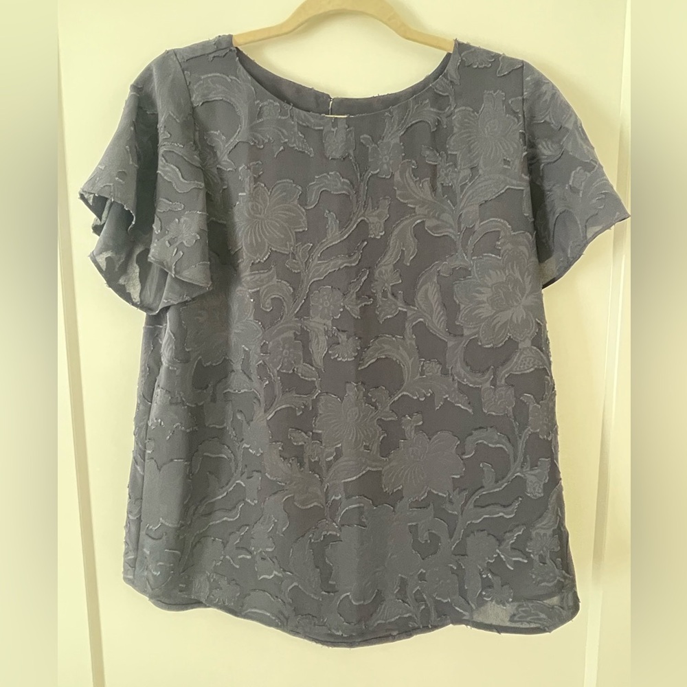 LOFT Dusty Blue Short Sleeve Textured Jacquard Blouse